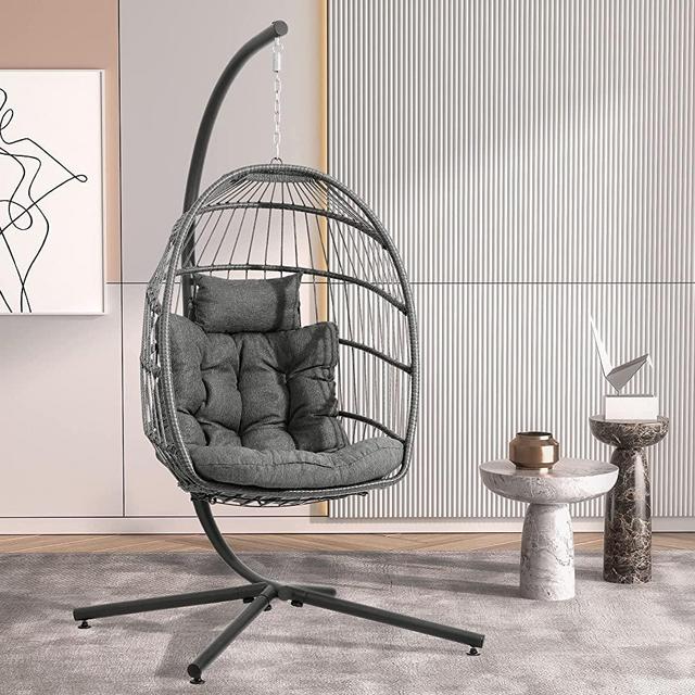 LEYCAY Egg Chair with Stand, Hanging Egg Swing Hammock Chair with Stand, Indoor Outdoor Wicker Egg Chair with Cushion Headrest for Patio Bedroom Porch Garden, 350LBS Capacity(Dark Grey)
