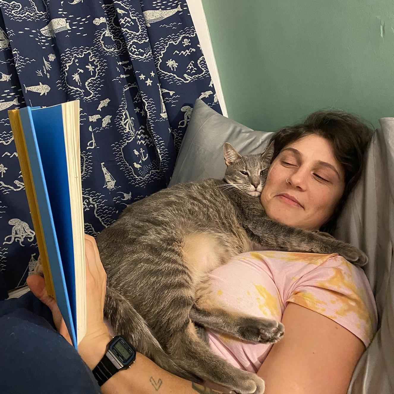to say our cat Jerry favors Perry may or may not be an understatement... but this photo is pretty typical of most nights when we are reading in bed!