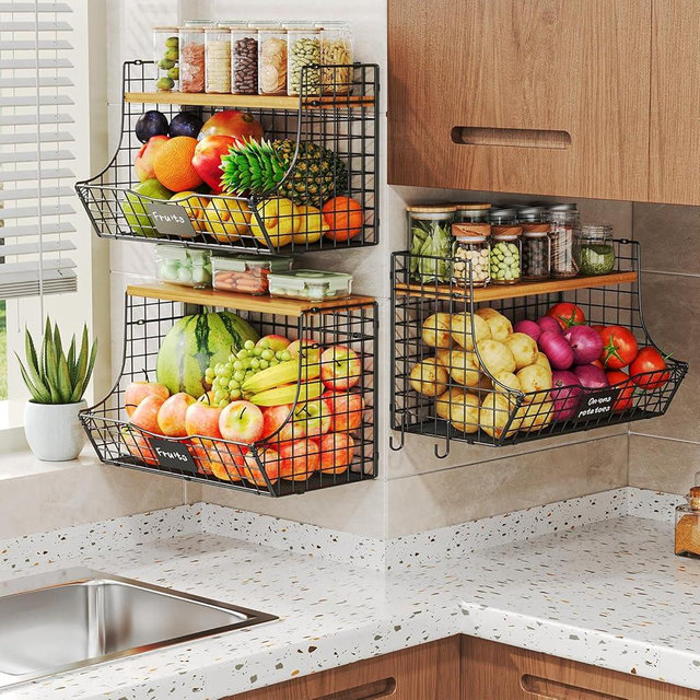 Extra Large Fruit Basket for Kitchen with Wood Lid Nameplate - Counter&Wall Mounted Onion and Potato Storage Bin, Stackable Metal Hanging Wire Baskets kitchen countertop organizer Pantry 3 Pack