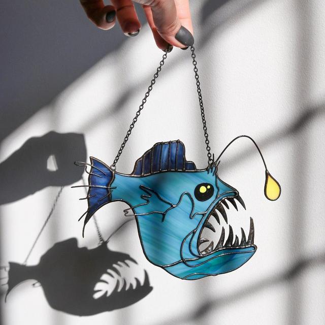 Angler Fish Devil fish Suncatcher Stained Glass Decor Blue Home House Window Wall Hangings Cling Halloween Gift