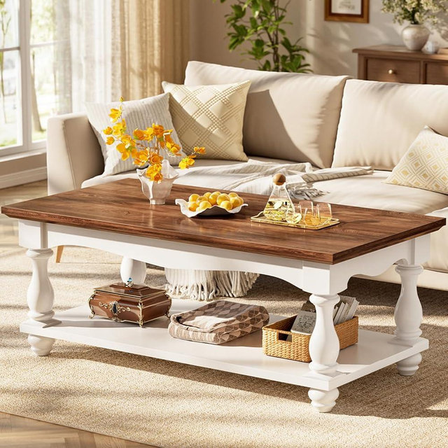 Besiost Farmhouse Coffee Table with Storage, Mid Century Coffee Tables for Living Room, 47 inch Modern 2-Tier Rectangle Coffee Table with Solid Wood Legs, Vintage Living Room Tables, Rustic Brown