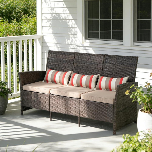 SUNSITT Outdoor Furniture 3 Seats Patio Couch, Outdoor Wicker Sofa, Brown PE Wicker with Beige Cushions & Lumbar Pillows, Porch, Backyard, Pool, Steel Frame | Brown PE Wicker, Beige Cushions, Lumbar Pillows, Steel Frame, Outdoor Wicker Sofa