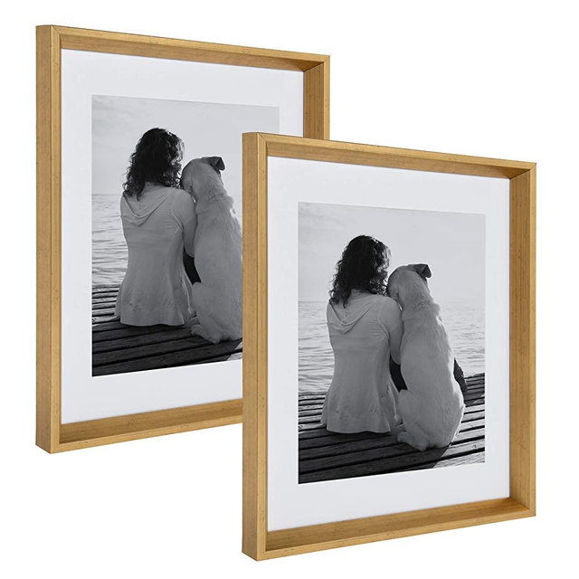 Kate and Laurel Calter Modern Wall Picture Frame Set, Gold 14x18 Matted to 11x14, Pack of 2