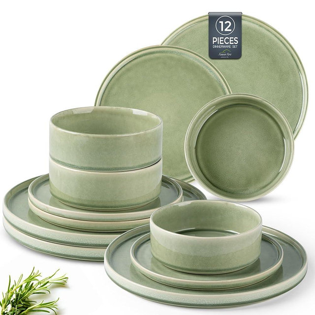 AmorArc Ceramic Dinnerware Sets, Handmade Reactive Glaze Stoneware Plates and Bowls Sets,Highly Chip and Crack Resistant | Dishwasher & Microwave Safe Dishes Set, Service for 4 (12pc)