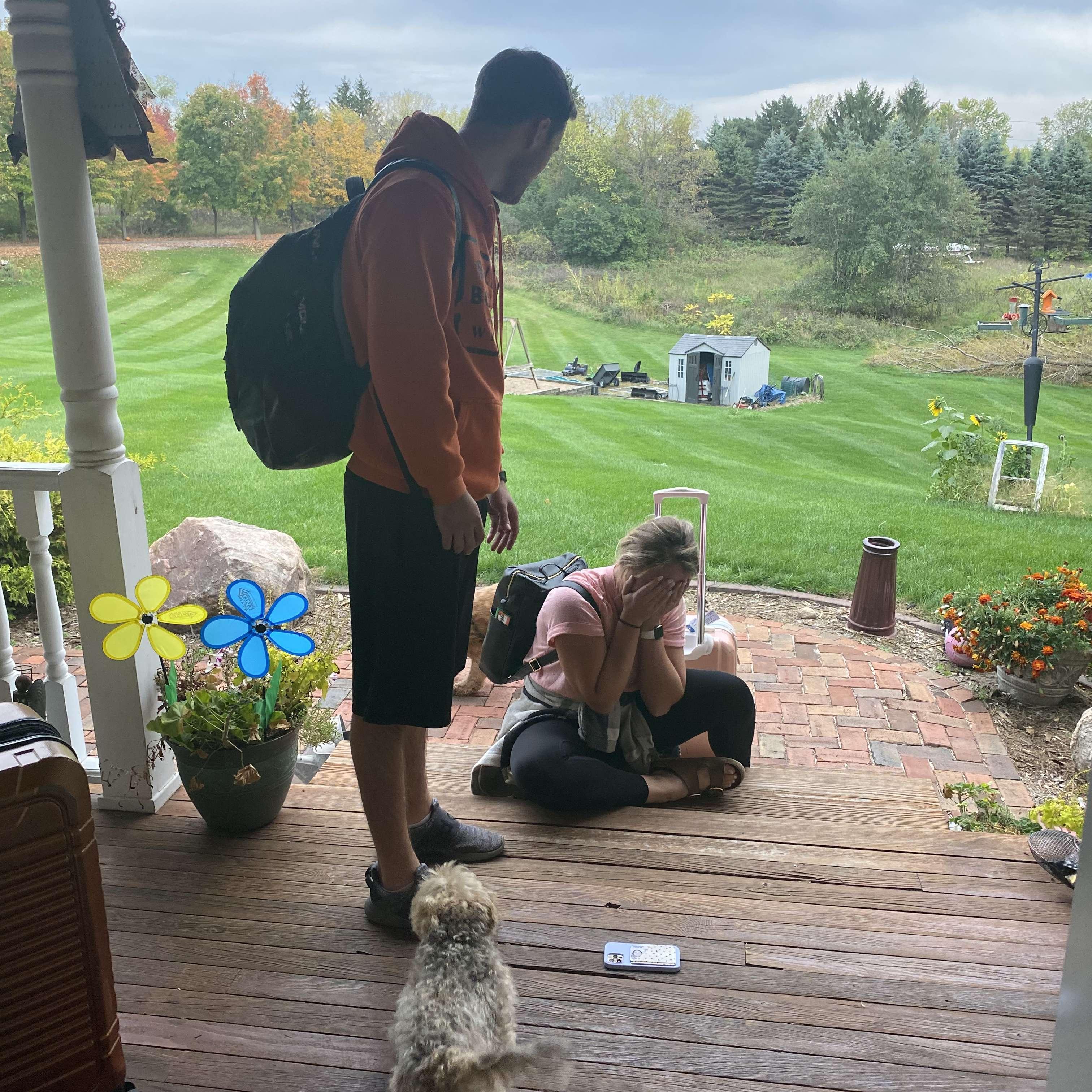 Sarah's reaction to opening the front door, after flying home from NY, to the surprise party of our families and friends waiting inside!