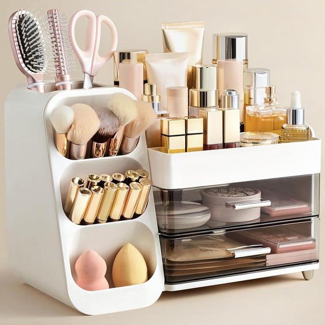 HBlife Makeup Organizer with Brush Holder for Vanity, Large Plastic Bathroom Countertop Organizer Skin Care Storage, Easy to Store Lipsticks, Nail Polishes, Perfumes, Eyeshadow Palettes, White