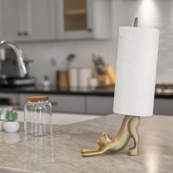 WallCharmers Gold Paper Towel Holder, Metal Toilet or Kitchen Paper Holder for Floor or Countertop, Gold Cat