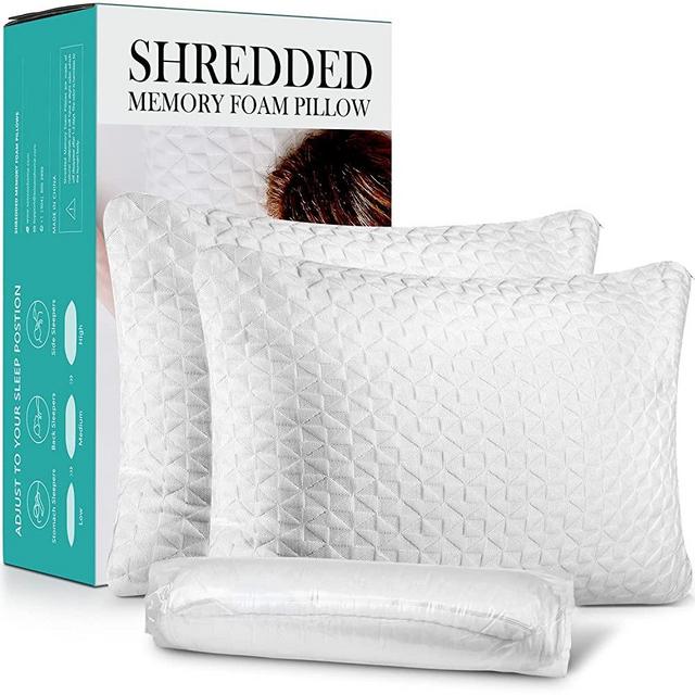 Shredded Memory Foam Pillows, Cooling Bed Pillows for Sleeping 2 Pack Queen Size 20 x 30 Inches, Luxury Hotel Bamboo Gel Foam Pillows Set of 2, Adjustable Firm Pillow for Side and Back Sleepers