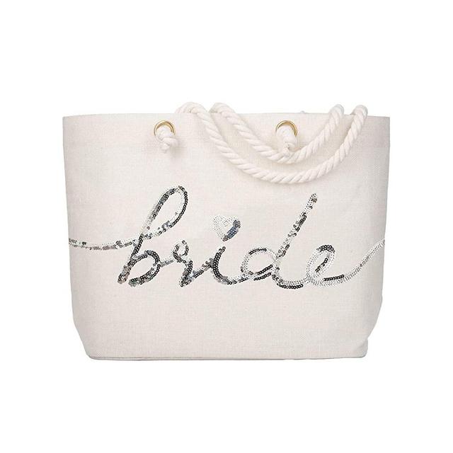 ElegantPark Bridal Shower Gifts for Bride Tote Large Bride Bag Bride Gifts for Engagement Wedding Party Honeymoon Beach Bag Jute Silver Sequin Interior Pocket