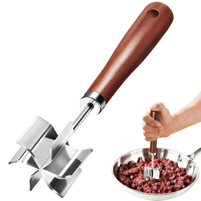 Stainless Steel Meat Chopper Masher, 6 Blade Ground Beef Chopper Potato Masher Tool with Wooden Handle, Hamburger Smasher, Multi-Use Kitchen Tool for Home Cooking, Heat Resistant (1 Pack)