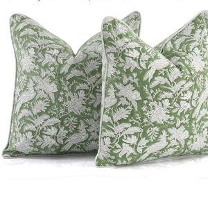CPC 100% Cotton Throw Pillow Covers 20x20 Inch, Set of 2 Green Block Print Pattern Couch Pillow, Cute Boho Decorative Pillows for Living Room, Bedroom with Hidden Zipper- Olive Green