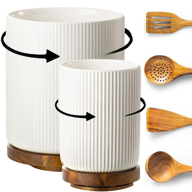 getstar Large Rotating Utensil Holder for Kitchen Counter,7.9"+6" Ceramic Utensils Crocks Set for Countertop Large & Small Utensil Organizer for Spatula Farmhouse Kitchen Decor