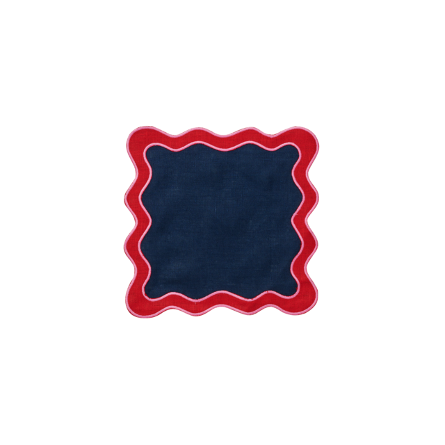 Navy and Red Scalloped Edge Cocktail Napkin - Set of 4
