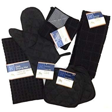 Kitchen Towel Set with 2 Quilted Pot Holders, Oven Mitt, Dish Towel, Dish Drying Mat, 2 Microfiber Scrubbing Dishcloths (Black)