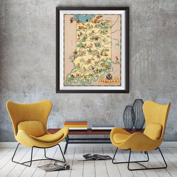 Vintage Indiana Map from 1935, old Indiana map Print, old USA map Print Art Poster,Office Decor, Home Decor Print