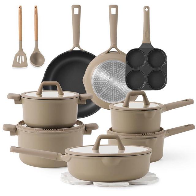 CAROTE 19pcs Nonstick Cookware Set, Pots and Pans Set Non Stick, kitchen Cooking Set, Premium Induction Cookware, Frying pan, Large Capacity Granite, Brown