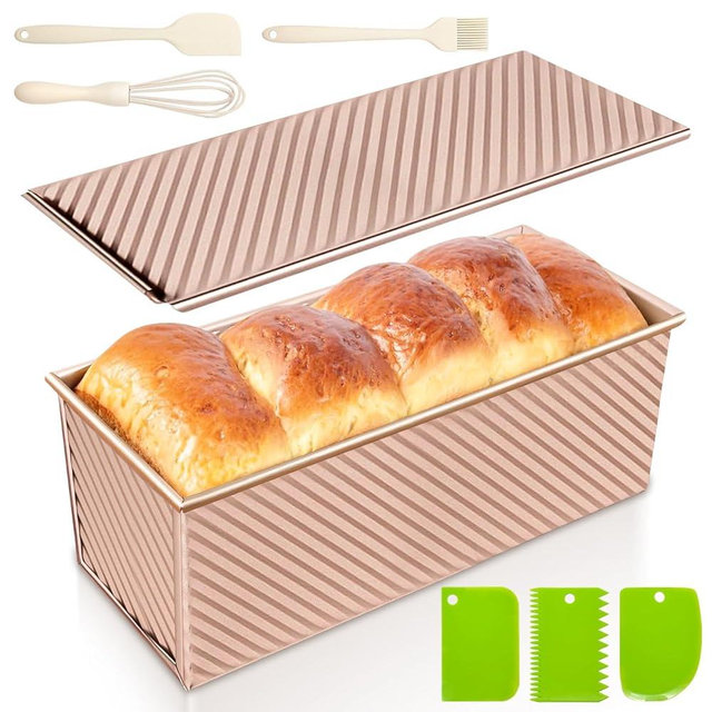 2.2lb Pullman Loaf Pan with Lid, Nonstick Carbon Steel Square Bread Pan for Baking Shokupan, Sandwich, Pain de Mie & Sourdough – Includes 6 Bonus Tools