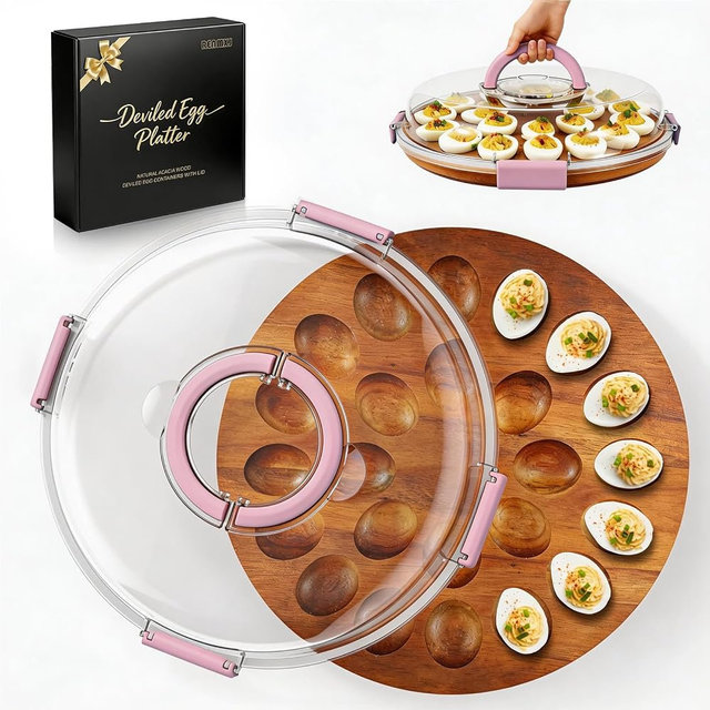 Renmxj Deviled Egg Containers with Lid (24 Eggs), 2026 Upgraded Acacia Wooden Deviled Egg Tray Platter for Party and Home Kitchen, The Lid is Dishwasher Safe (Pink)