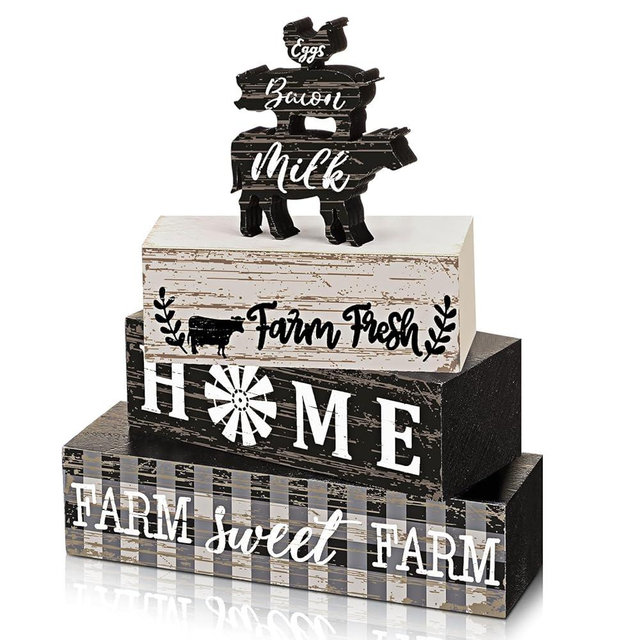 Geelin 4 Pcs Farmhouse Kitchen Signs Cow Rooster and Pig Decors Rustic Wooden Signs Country Table Centerpiece Tiered Tray Decor Table Top Sign for Home Kitchen