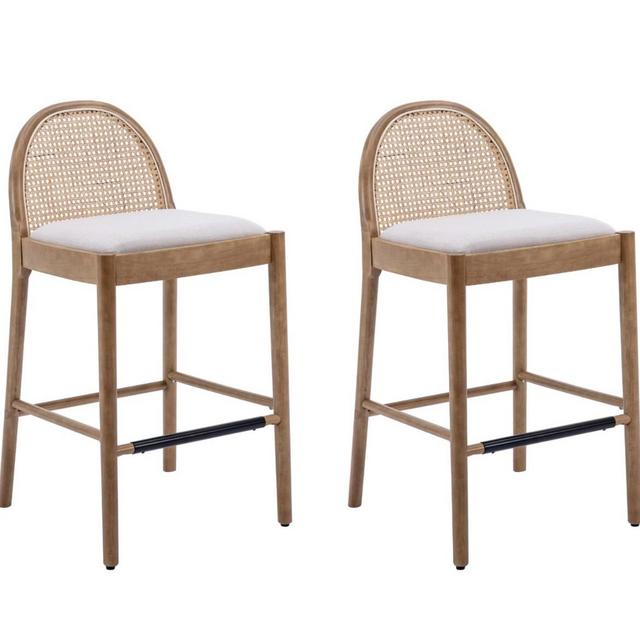 HEAH-YO Modern Bar Stools Set of 2, 30 Inches Counter Height Bar Stools with Rattan Backrests and Wood Legs, Comfy Linen Fabric Kitchen Stools for Island, Beige