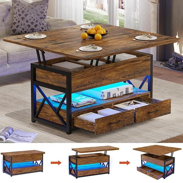 Itaar 40" Lift Top Coffee Table, 4 in 1 Coffee Tables with Storage for Living Room, Small Farmhouse Coffee Table with 2 Drawers & LED Light for Dining Reception Room, Rustic Brown