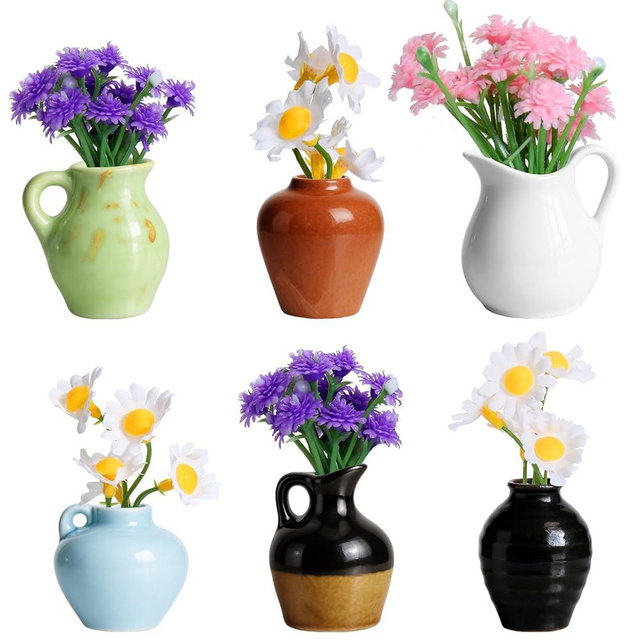 Mini Vase Magnets for Fridge 6PCS - 3D Ceramic Tiny Plant Vase Magnets Fridge Decoration Set Design for Refrigerator, Lockers & Office Spaces (6PCS, with Flower)