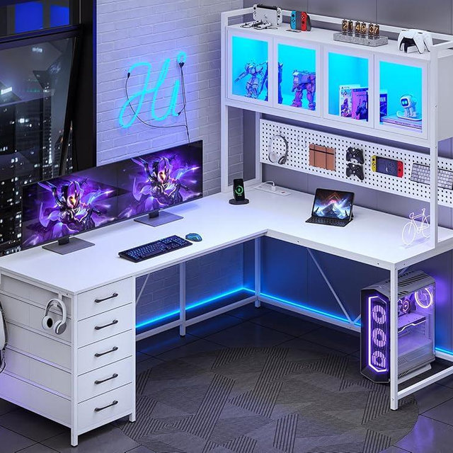 SEDETA L Shaped Gaming Desk with Drawers, L Shaped Computer Desk with Hutch and Storage Shelves, Gaming Desk with Pegboard, Led Lights, and Power Outlet, Home Office Desk, Corner Desk, White