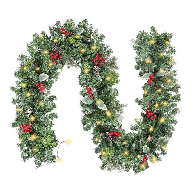 CEWOR Artificial Christmas Garland 9 Ft by 10 Inch Snowy Pine Garland with Lights Un-Prelit Green Garland for Christmas Mantel Porch Decor, 50 LED