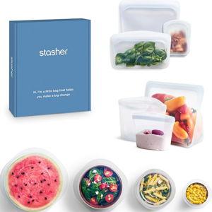 Stasher Silicone Reusable Storage Bags & Stretch Lids, 10-Pack Starter Kit, Reusable Freezer Bags, Microwave, Dishwasher, Oven Safe, Sous Vide, Lunch Containers, Eco Friendly, Food Storage Bags, Clear