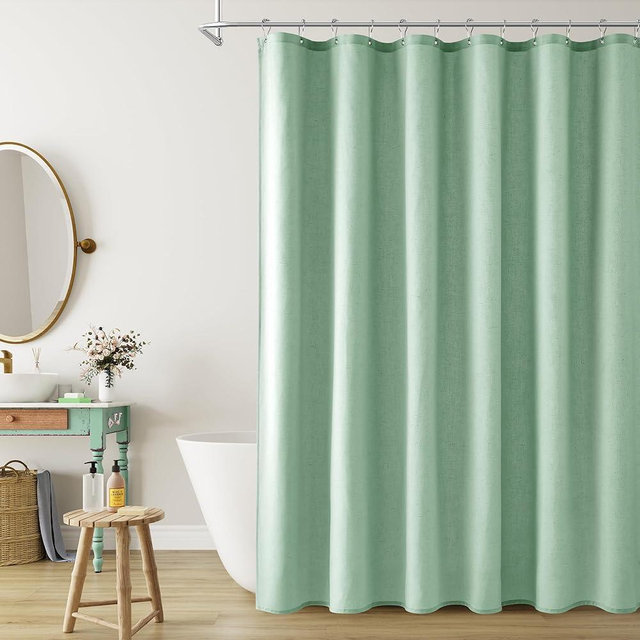 Naturoom Aqua Green Linen Shower Curtain, Country Boho Farmhouse Bath Decor Shower Curtains Neutral Cloth Weighted Textured Fabric Bath Curtain Liner with Hooks, 72x78
