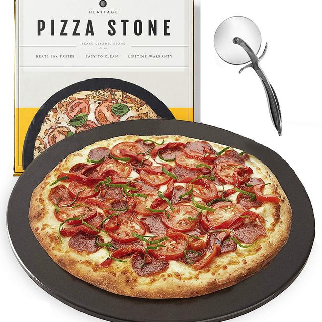 Heritage Black Ceramic Pizza Stone and Pizza Cutter Wheel - Baking Stones for Oven, Grill & BBQ - Non Stain