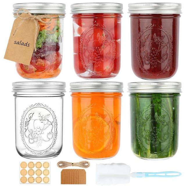 PINIWON Wide Mouth Mason Jars 16 oz with Airtight Lids and Bands, 6 Pack Canning Jars, Clear Glass Pint Jars for Canning, Fermenting, Pickling, Meal Prep, Overnight Oats