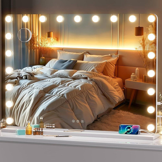 Hasipu Vanity Mirror with Lights, 40" x 29" Hollywood Mirror, Makeup Mirror with 21 Dimmable Bulbs and 10X Magnification, 3 Colors Modes, Touch Control, USB Charging Port, Type-C (Round White)