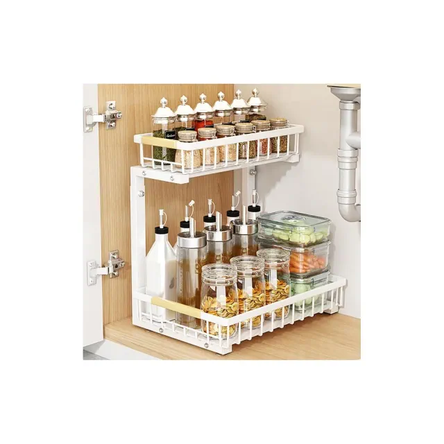 2-Tier Pull Out Under Sink Organizer - Height Adjustable Slide Out Shelf for Kitchen/Bathroom
