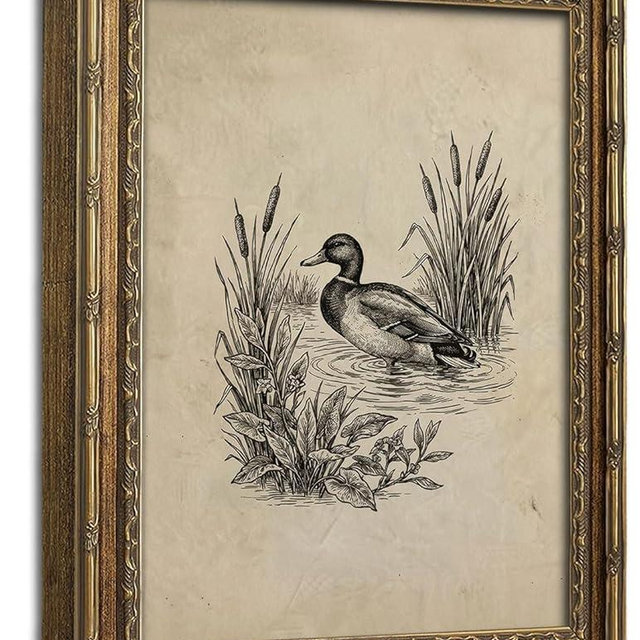 Vintage Gold Framed Wall Art, Vintage Mallard Duck Wall Art Decor - Rustic Cottagecore Lake House Picture Neutral Farmhouse Animal Gallery Canvas Prints for Living Room, Bedroom 9x11 Inch
