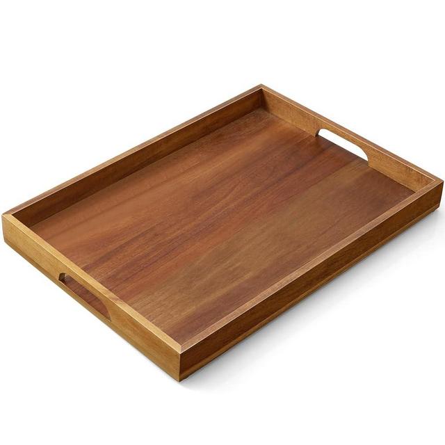 GCWSTJK 17 Inch Acacia Wood Serving Tray with Handles, Large Wooden Tray for Ottoman, Breakfast in Bed, Coffee Table, Dinner, Perfect for Living Room Bedroom Entryway and Kitchen