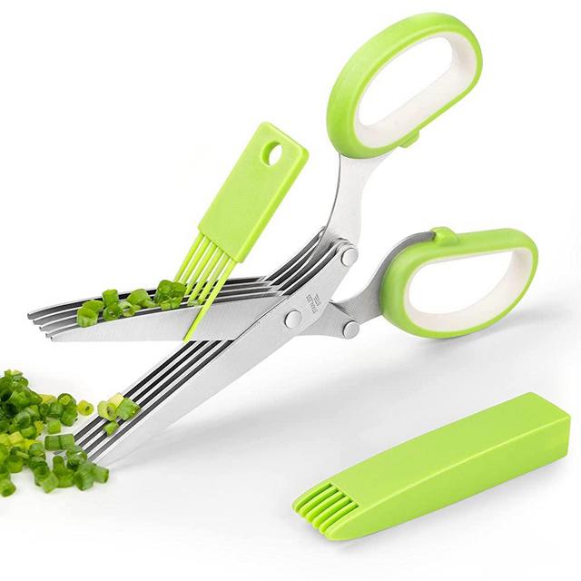 Herb Scissors - VIBIRIT Stainless Steel 5 Blade Kitchen Scissors Herb Cutter with Safety Cover and Cleaning Comb for Chopping Basil,Chive,Parsley,Vegetables,Salad(Green)