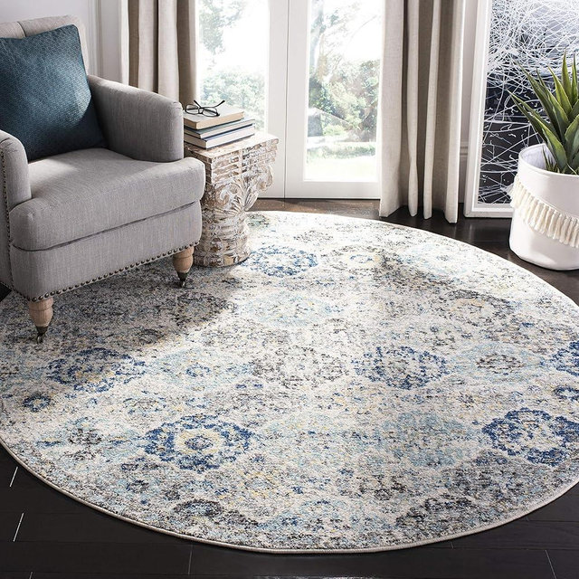 SAFAVIEH Madison Collection 4' Round Ivory / Aqua MAD611A Boho Chic Floral Medallion Trellis Distressed Non-Shedding Dining Room Entryway Foyer Living Room Bedroom Area Rug