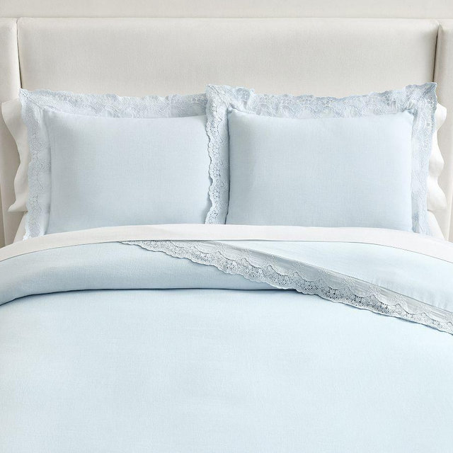 LoveShackFancy Belgian Flax Linen Duvet Cover with Lace Trim, Blue, Full/Queen