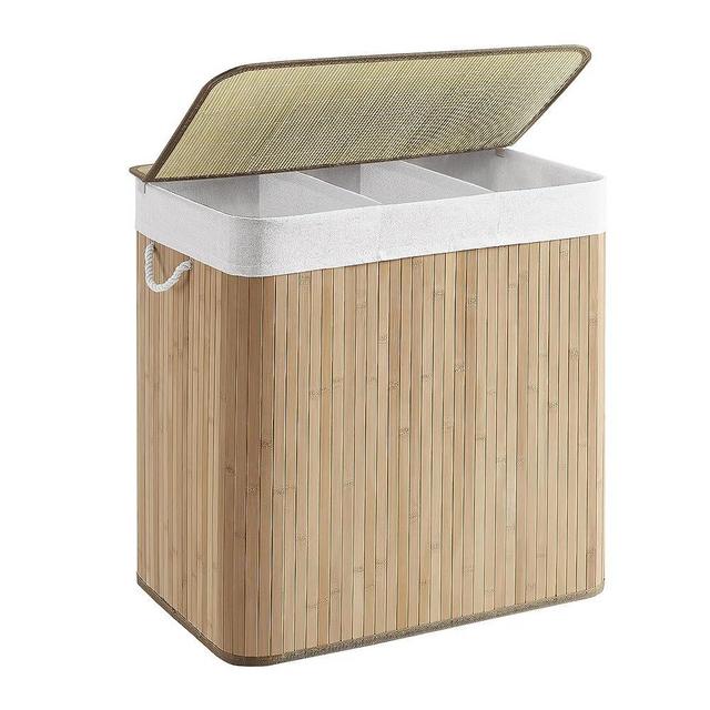 SONGMICS Laundry Hamper, 39.6 Gallons (150L), 3-Section Laundry Basket, Laundry Hamper with Lid, Bamboo, Foldable, Removable and Machine Washable Liner, for Laundry Room, Bedroom, Natural ULCB091N01