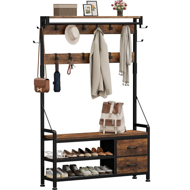 Lulive Hall Tree with Bench and Shoe Storage, 39.4” Entryway Bench with Coat Rack freestanding, 5 in 1 Entryway Furniture Organizer Large Coat and Shoe Rack with 21 Hooks and Drawers, Rustic Brown