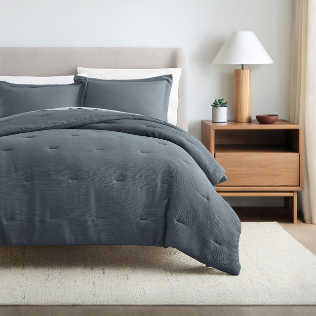 Cloud Weave Textured Comforter Set, Plush All-Season Down Alternative, Ultra Soft, 3-Piece Set - Becky Cameron, Slate Blue, Full/Queen