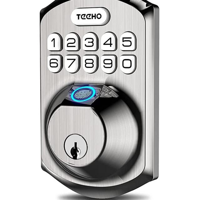 Fingerprint Door Lock - TEEHO Keyless Entry Door Lock with Keypad - Electronic Deadbolt Keyed Entry - Front Door Lock Sets - Combination Door Lock - IP65 Weatherproofing - Satin Nickel