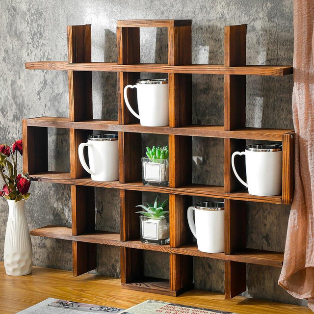 Suzile Rustic Brown Oversize Coffee Mug Display Rack Wooden Display Shelves Rustic Wooden Floating Curio Shelf Travel Mug Shelf Wall Mounted Coffee Mug Rack Holder Shadow Box Shelf (22 Slots)
