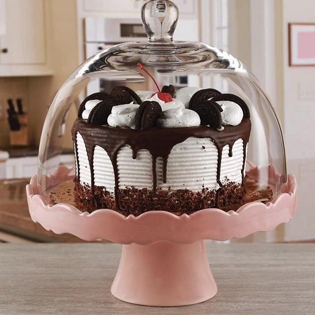 Circleware Dolche Torta Ceramic Cake Stand with Glass Dome, Rose, 11x12 Inches