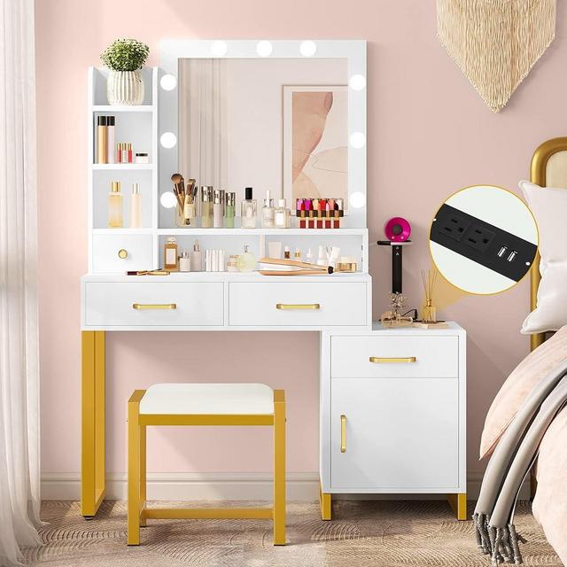 DWVO Makeup Vanity with Mirror and Lights, Vanity with Lights and Drawers, Vanity Mirror with Lights and Table Set, 3 Color Adjustable Lighting Brightness & Power Outlet,White,15.3"D x 24.3"W x 53.9"H