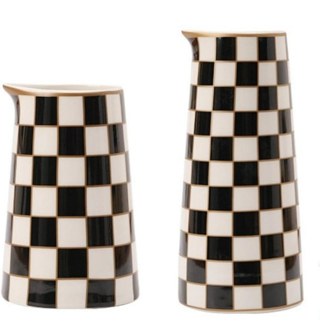 Porlien Checker Porcelain Flower Vase Home Decor Set of 2 with 5.5' High and 8' High Flower Bottle