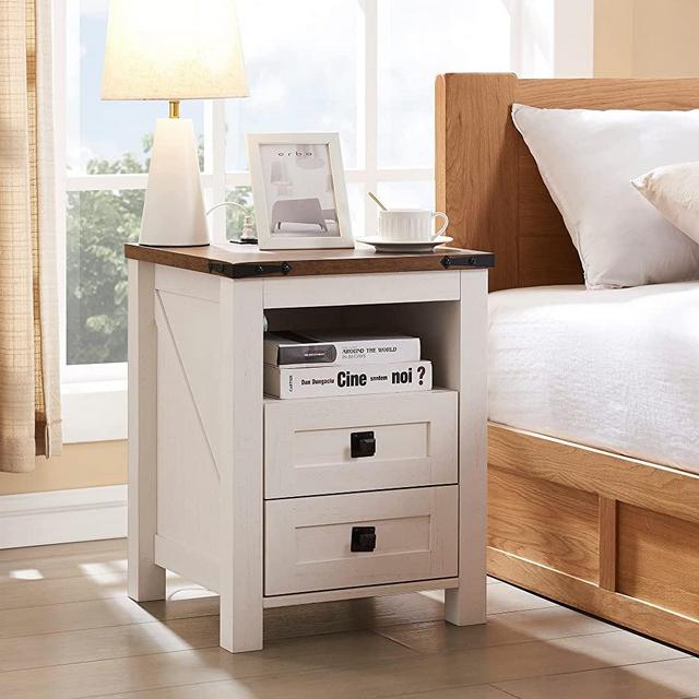 T4TREAM White Nightstand with Charging Station, End Table, Side Table with 2 Drawers Storage Cabinet for Bedroom, Living Room, Farmhouse Design, Wood Rustic, Antique White