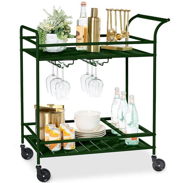 Best Choice Products Outdoor Mobile Patio Bar Cart, Home Bar Serving Cart, BBQ Grill Cart w/ 2 Tier Storage, Wine Rack, Lockable Wheels - Deep Green