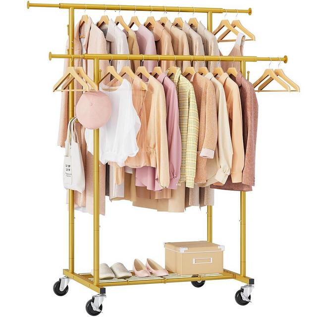 Gewudraw Double Rod Garment Rack, Heavy Duty Rolling Gold Clothes Rack with Wheels For Hanging Clothes,Portable Metal Clothing Rack with Shelves, 64.2inch Chrome